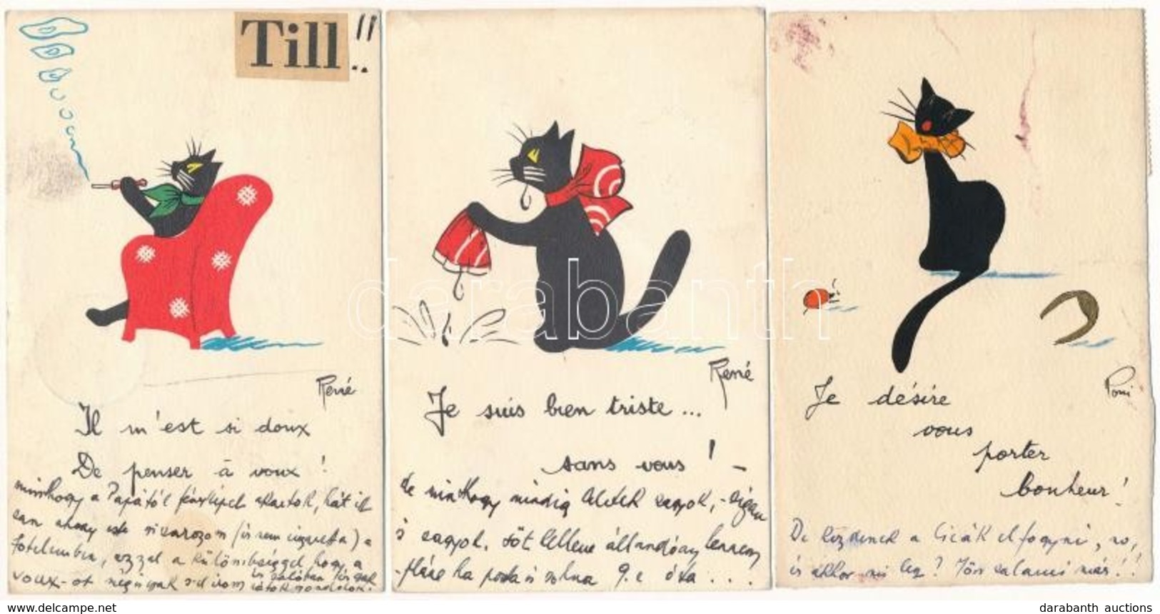6 Db MODERN Francia Macska Motívumlap, Kézzel Rajzolt / 6 Modern French Cat Motive Postcards From 1955, Hand-painted - Ohne Zuordnung