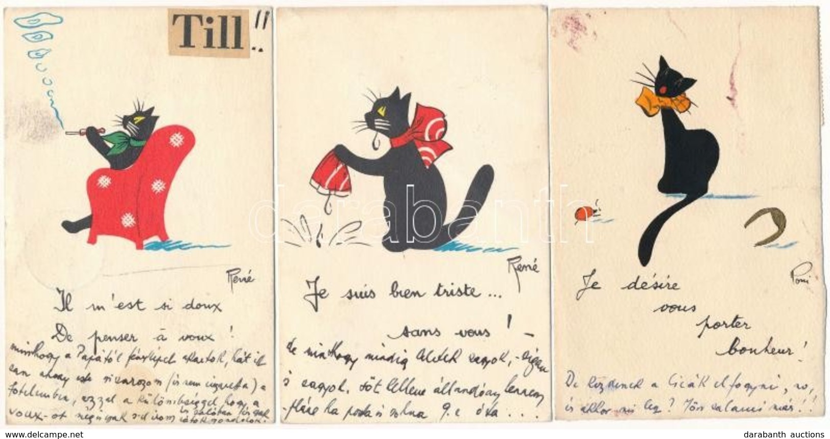 6 Db MODERN Francia Macska Motívumlap, Kézzel Rajzolt / 6 Modern French Cat Motive Postcards From 1955, Hand-painted - Unclassified