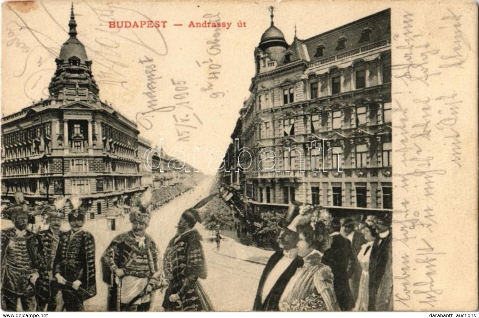 T2/T3 1905 Budapest VI. Andrássy út. Montázs Díszmagyarba öltözött Urakkal, Nemesekkel + 'KASSA - BUDAPEST 10. SZ.' Vasú - Zonder Classificatie