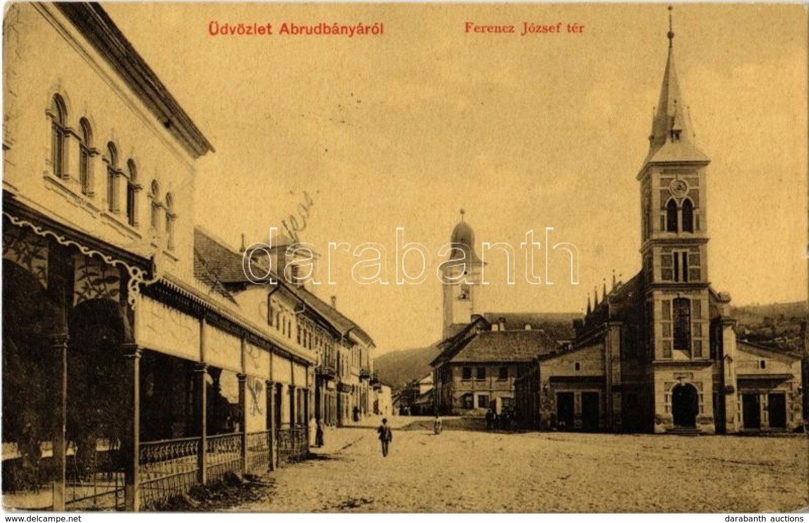 T2/T3 1914 Abrudbánya, Abrud; Ferenc József Tér, Református Templom, Unitárius Templom, üzletek. W. L. 3227. Tipografia  - Ohne Zuordnung