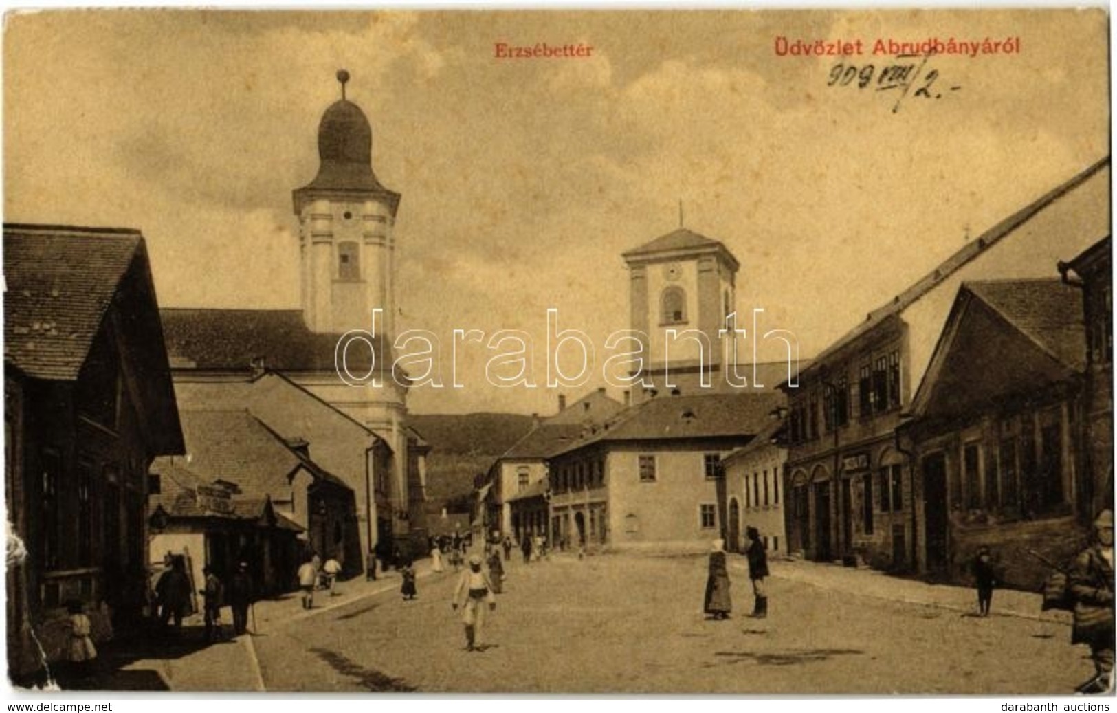 T2/T3 1909 Abrudbánya, Abrud; Erzsébet Tér, Unitárius Templom, Katolikus Templom, üzletek. W. L. 3213. Tipografia 'Panno - Ohne Zuordnung