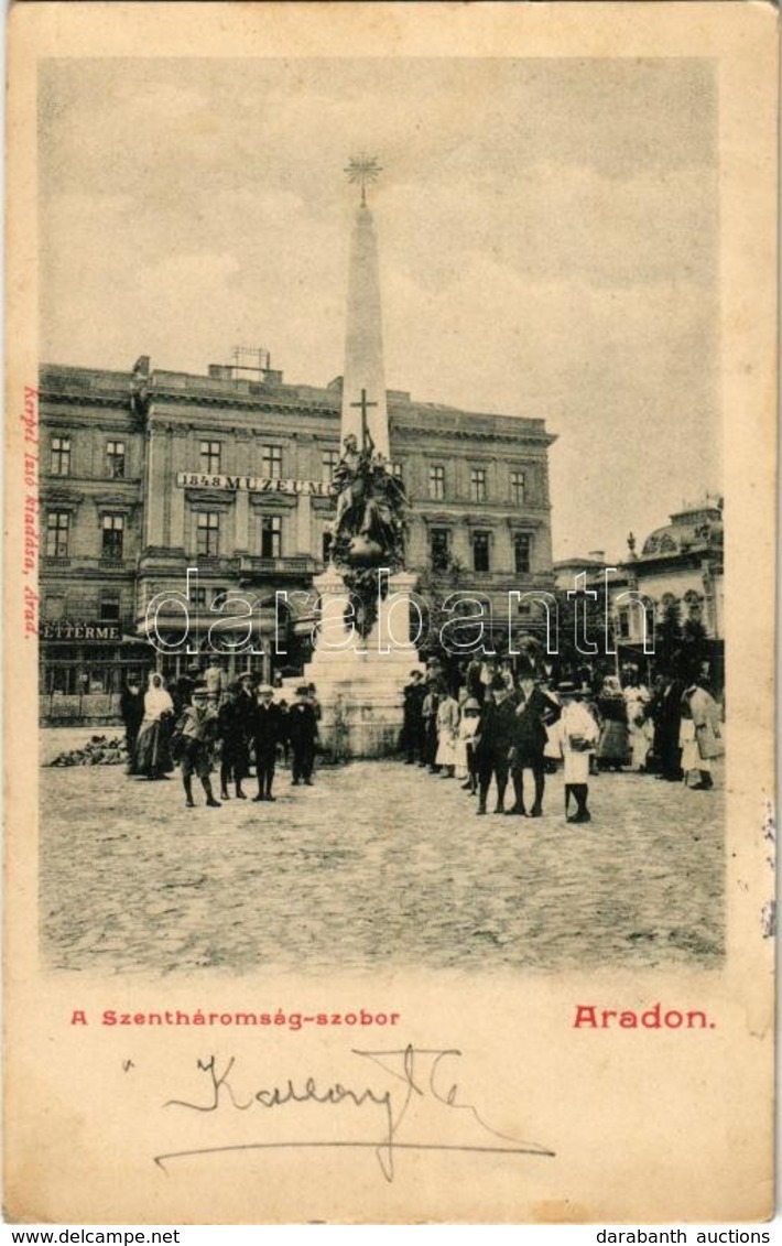 * T2/T3 1906 Arad, Szentháromság Szobor, 1848-49-es Forradalom és Szabadságharc Emlékmúzeuma, Színházi étterem. Kiadja K - Ohne Zuordnung