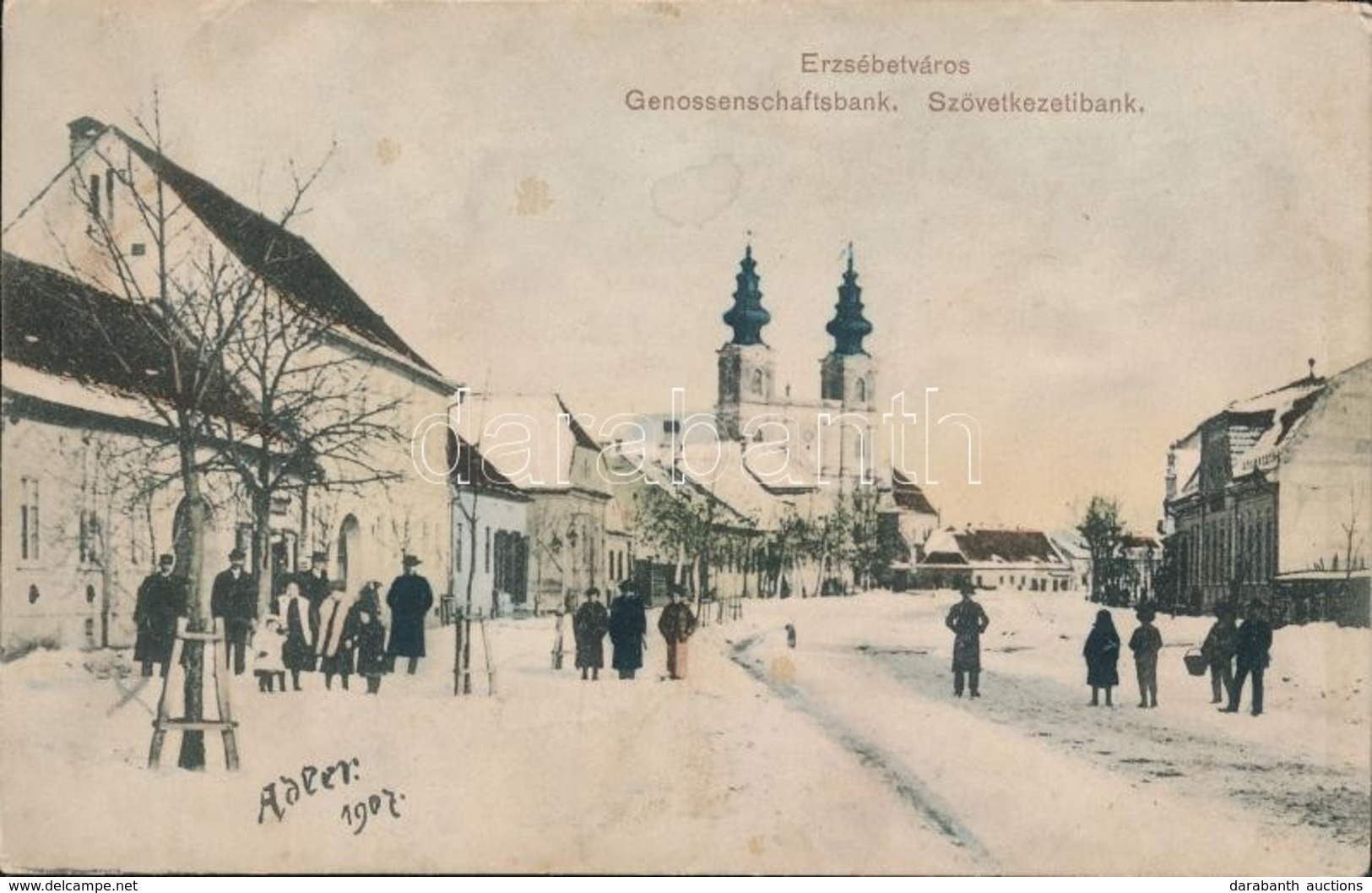 * T3 1915 Erzsébetváros, Dumbraveni; Genossenschaftsbank / Szövetkezeti Bank, Utcakép Télen, Templom. Adler Fényirda / C - Zonder Classificatie