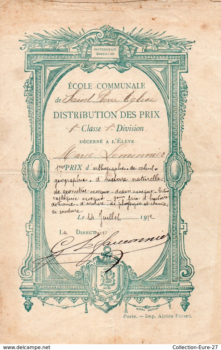 50-SAINT PIERRE EGLISE - ECOLE COMMUNALE - DISTRIBUTION DES PRIX 1912 - Saint Pierre Eglise