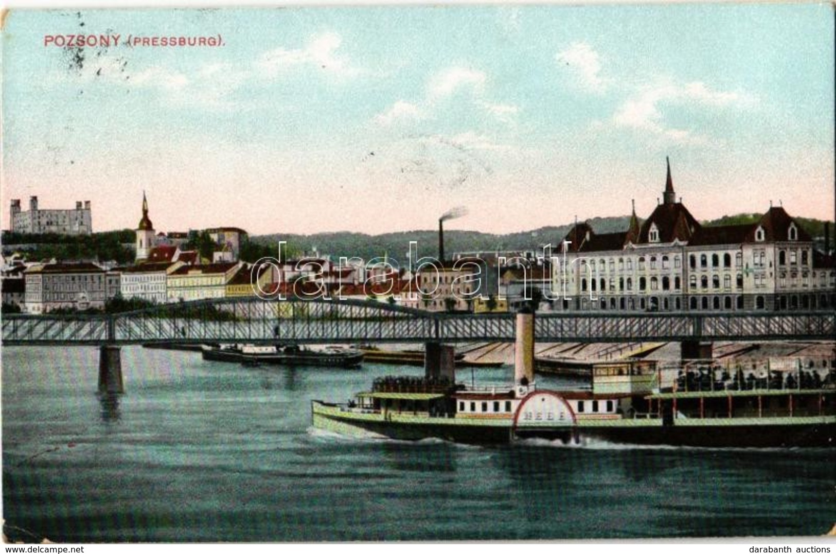T2/T3 1909 Pozsony, Pressburg, Bratislava; Vár, Gőzhajó, Vasúti Hí. Kaufmann 'Bediene Dich Allein' / Castle, Steamship,  - Unclassified