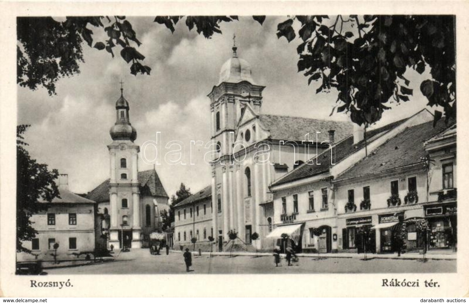 ** T1/T2 Rozsnyó, Roznava; Rákóczi Tér, Templomok, Tátra Bank, Hangya és Schnitzer üzlete / Square, Shops, Churches, Ban - Sin Clasificación