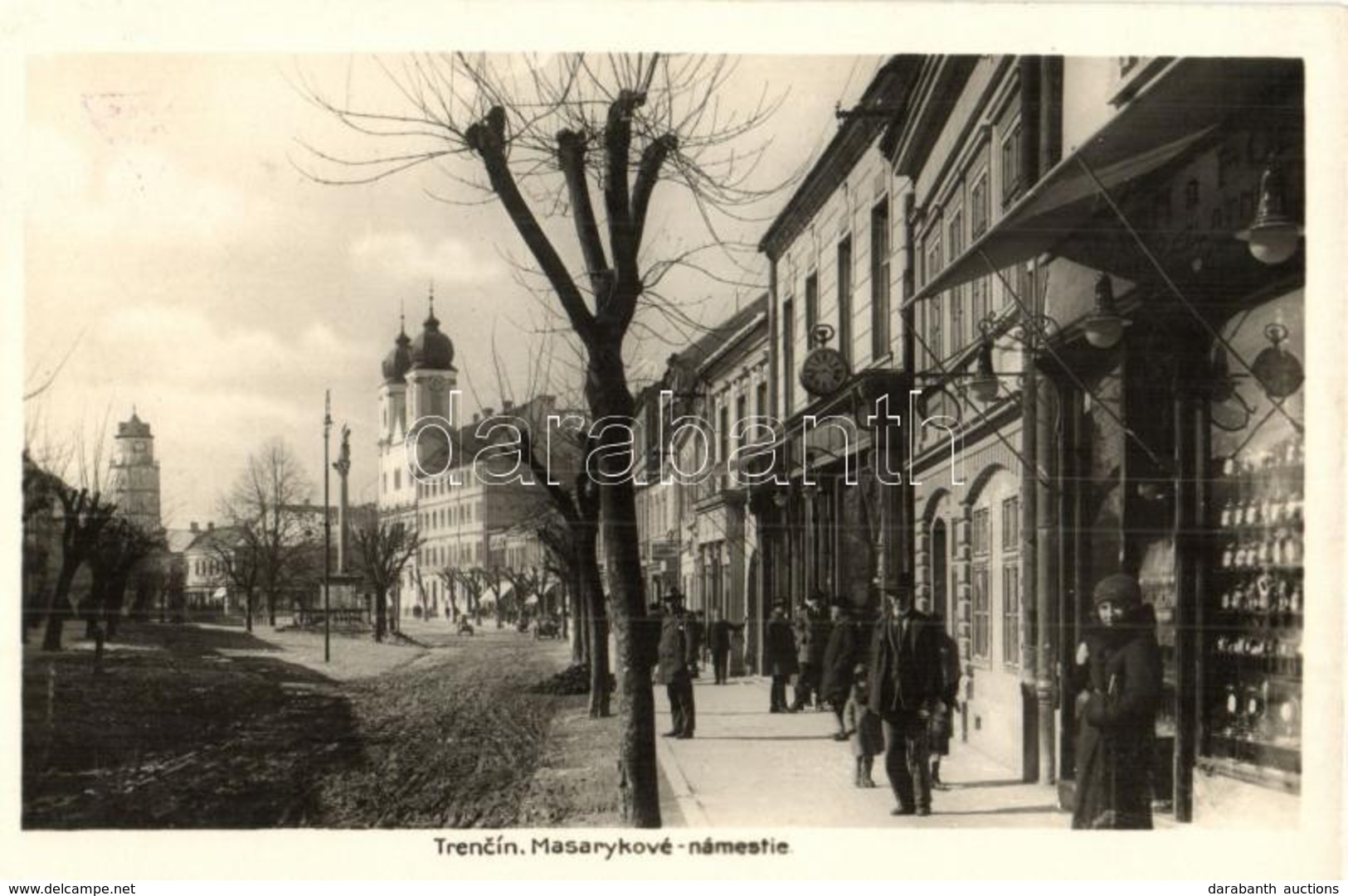 T2 Trencsén, Trencin; Masaryk Utca, Templom, óra üzlete / Street, Church, Shops - Zonder Classificatie