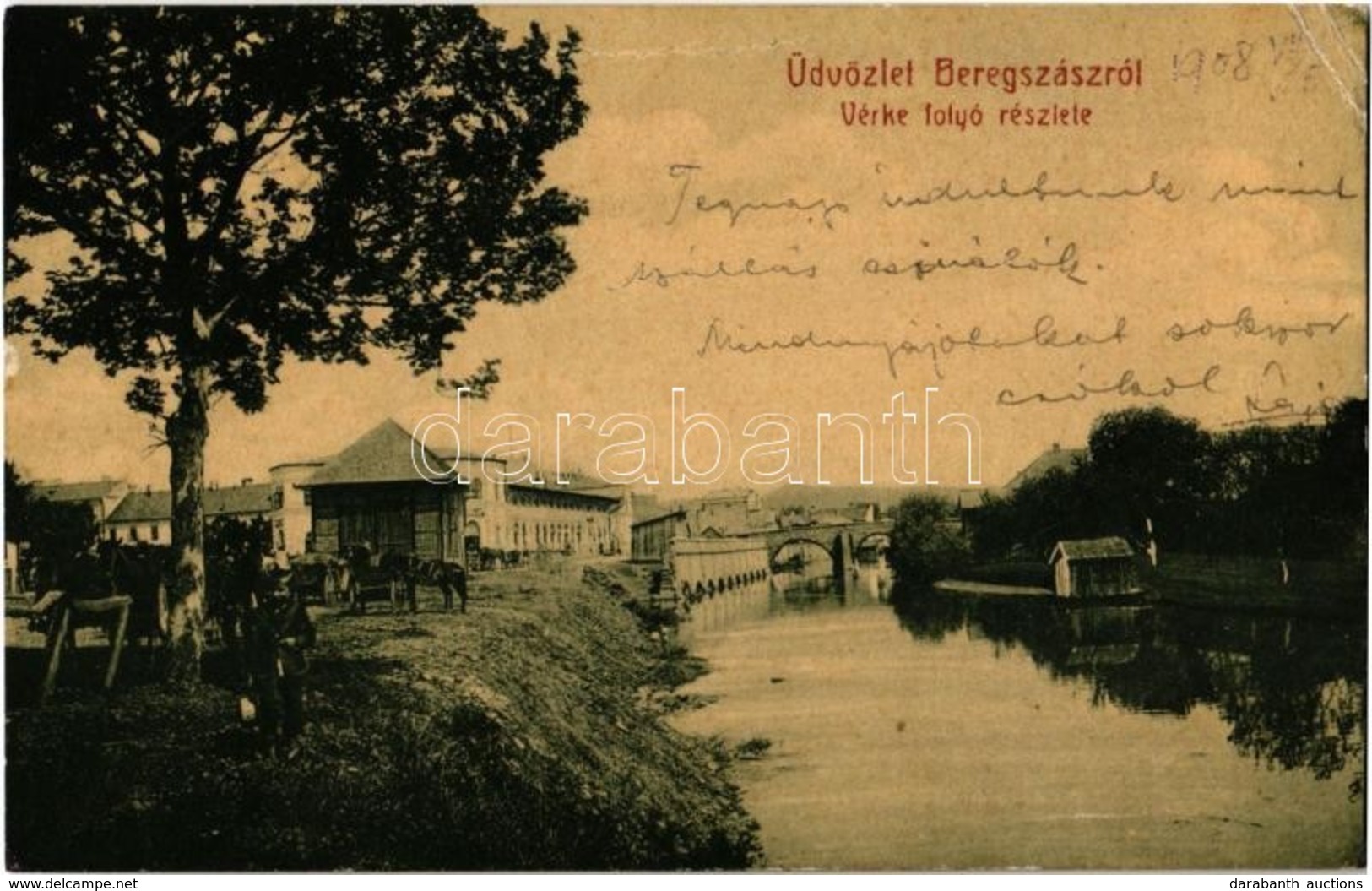 T2/T3 1908 Beregszász, Berehove; Vérke Folyó Részlete, Híd. W. L. (?) 1929. Kiadja Farkas J. / Verke Riverbank, Bridge ( - Ohne Zuordnung