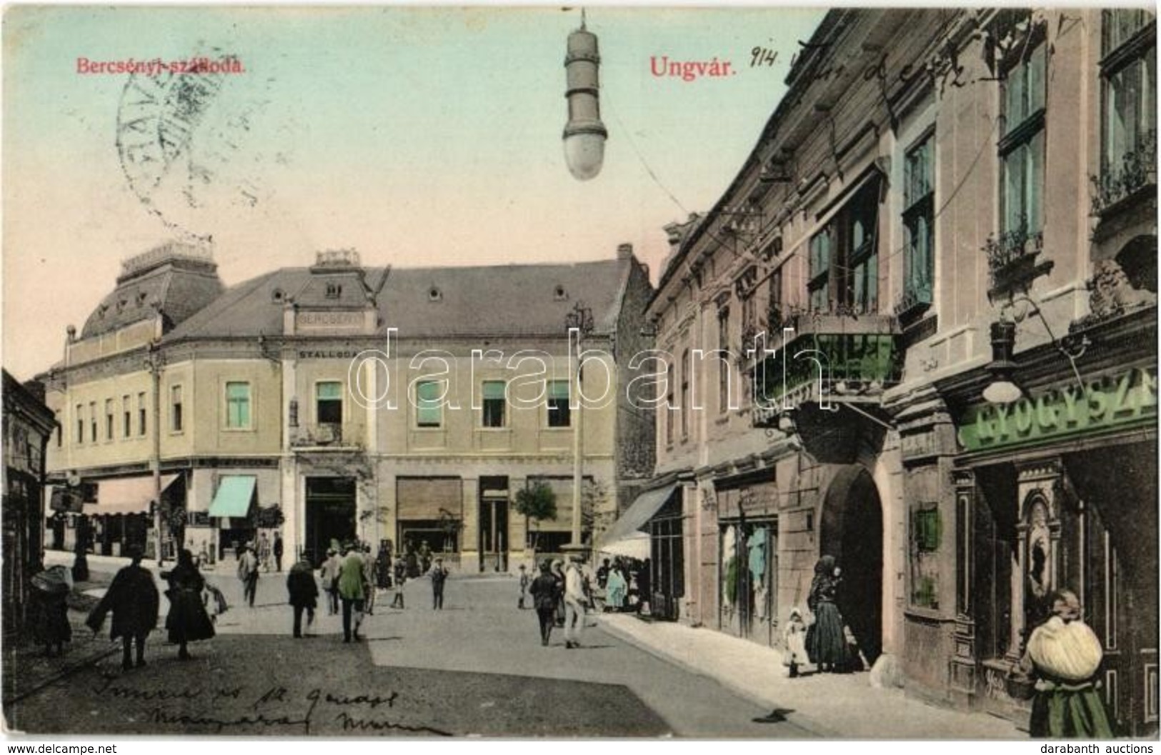 T2 1914 Ungvár, Uzshorod, Uzhorod;  Bercsényi Szálloda, étterem, Sörcsarnok és Kávéház, Gyógyszertár, üzletek. Kiadja Fö - Ohne Zuordnung