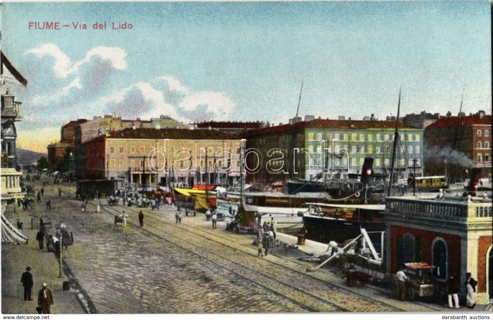 ** T2 Fiume, Rijeka; Via Del Lido / Utcakép, Rakpart, Kikötő, Gőzhajók, Villamos / Street View, Wharf, Port, Steamships, - Ohne Zuordnung