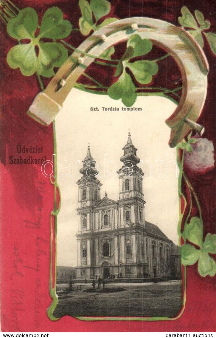 T2/T3 1901 Szabadka, Subotica; Szent Terézia Templom. Szecessziós Litho Keret Lóherével és Patkóval / Church. Art Nouvea - Zonder Classificatie