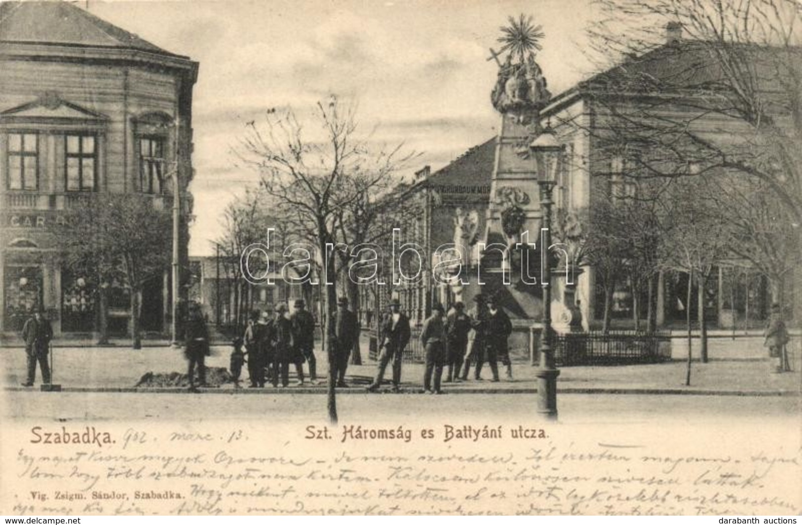 T2/T3 Szabadka, Subotica; Szentháromság Tér, Batthyány Utca, Grünbaum Mór üzlete, Kiadja Víg Zsigm. Sándor / Square, Str - Ohne Zuordnung