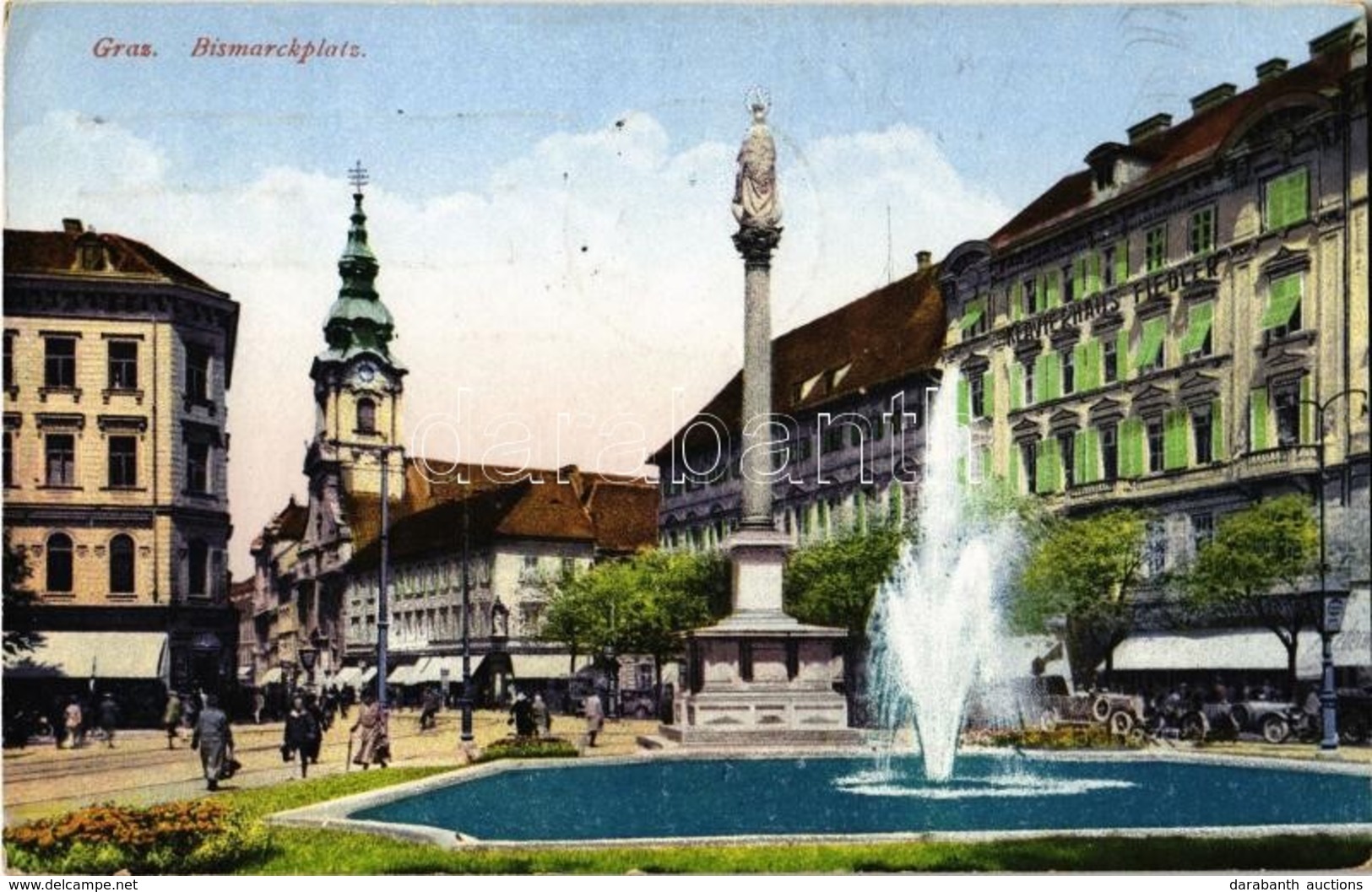 T2 1930 Graz, Bismarckplatz, Klavierhaus Fiedler / Square, Fountain, Automobiles, Piano House Fiedler - Ohne Zuordnung