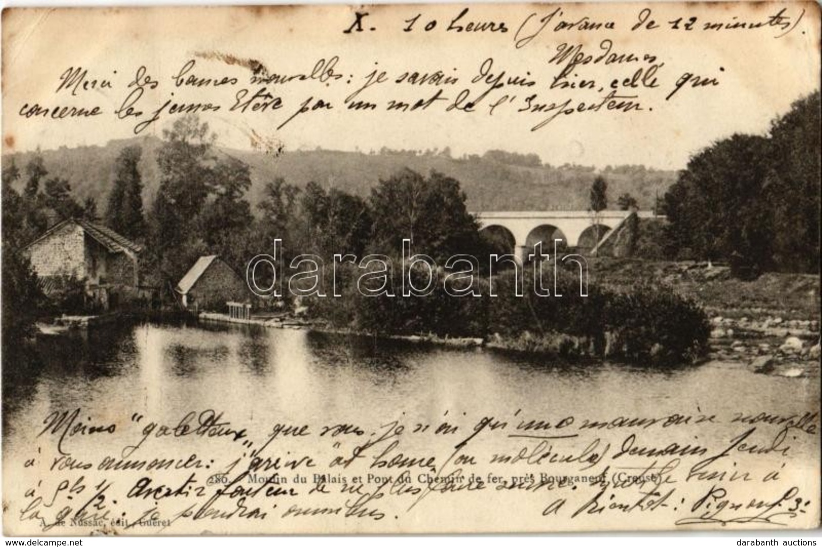 T2/T3 1904 Bourganeuf, Moulin Du Palais Et Pont Du Chemin De Fer / Watermill, Bridge, River (fl) - Zonder Classificatie