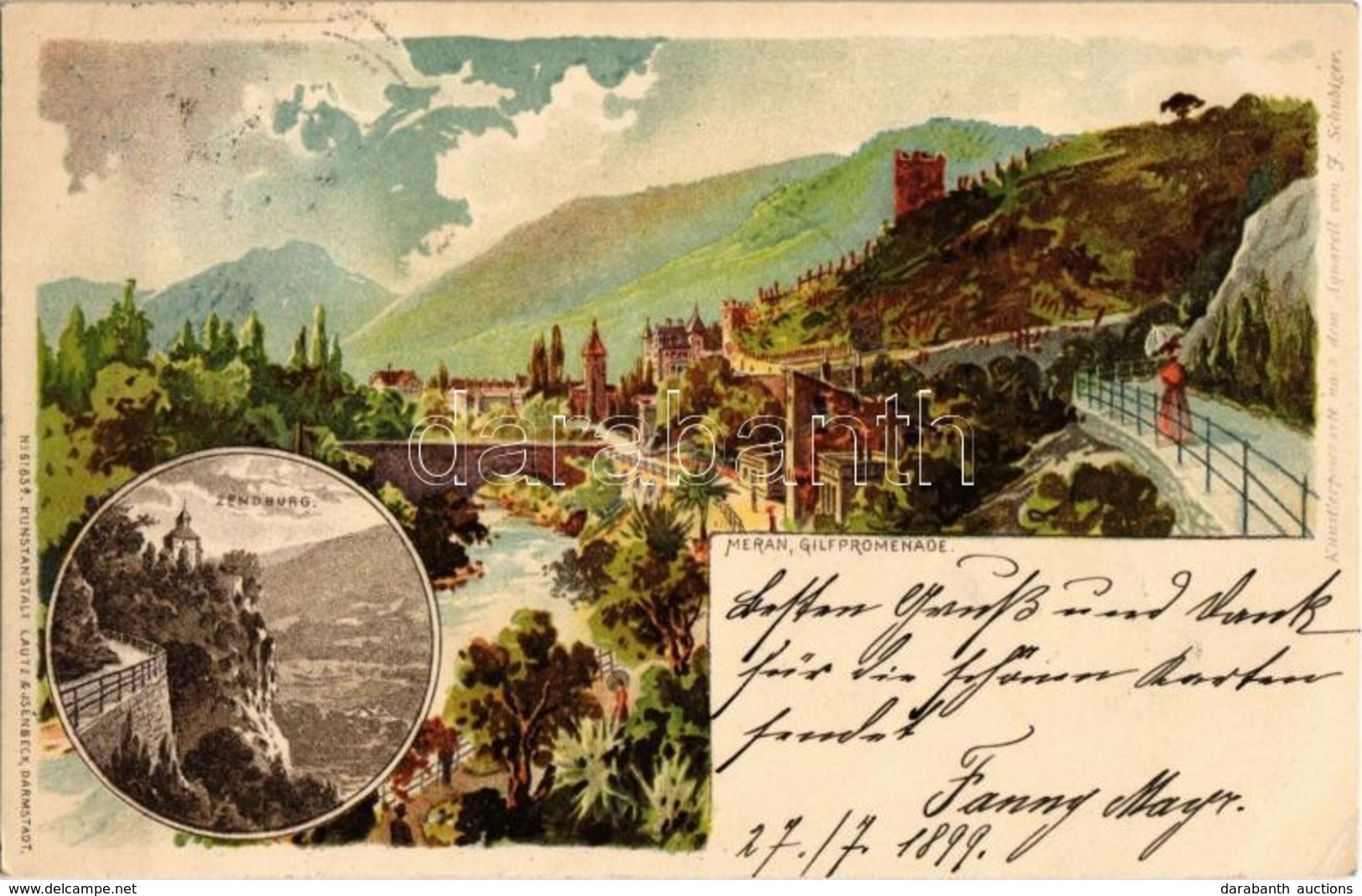 T2/T3 1899 Merano, Meran (Südtirol); Gilfpromenade, Zenoburg / Castel San Zeno / Castle. Kunstanstalt Lautz & Isenbeck N - Ohne Zuordnung