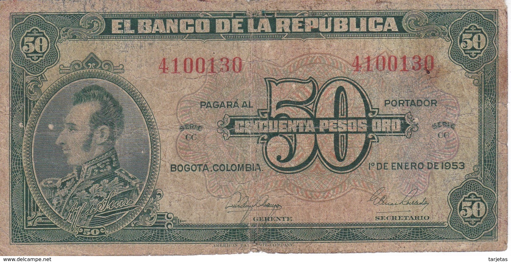 BILLETE DE COLOMBIA DE 50 PESOS DE ORO DEL AÑO 1953  (BANK NOTE) MUY RARO - Colombia