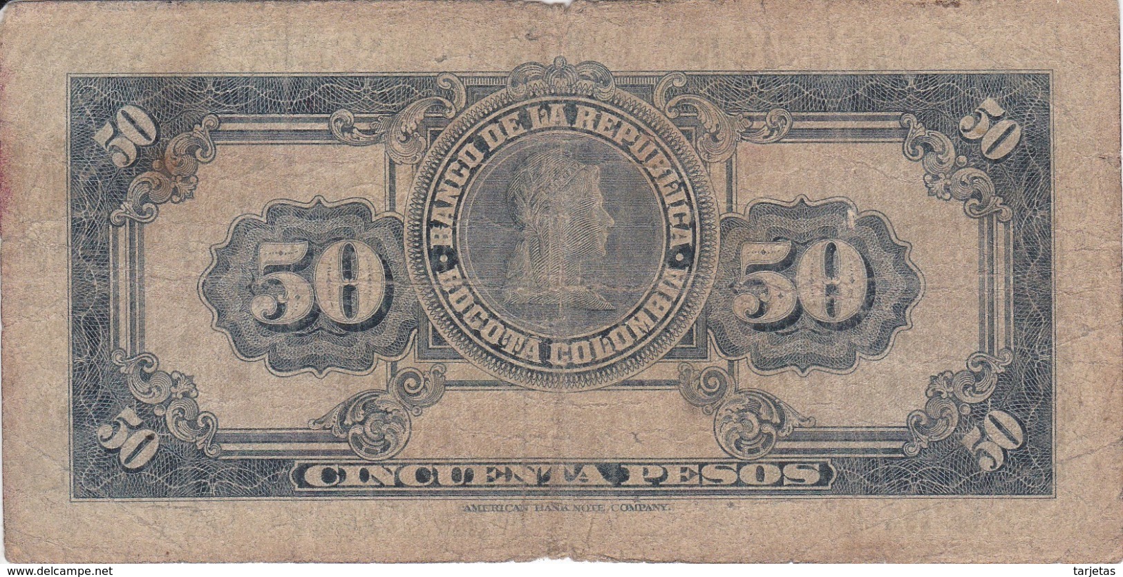 BILLETE DE COLOMBIA DE 50 PESOS DE ORO DEL AÑO 1953  (BANK NOTE) MUY RARO - Colombia