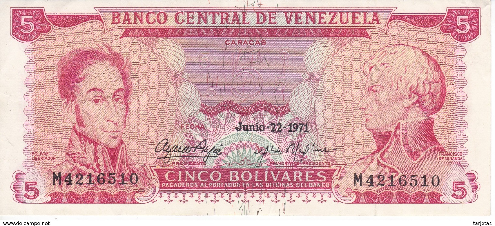 BILLETE DE VENEZUELA DE 5 BOLIVARES DEL AÑO 1971 (BANK NOTE) - Venezuela