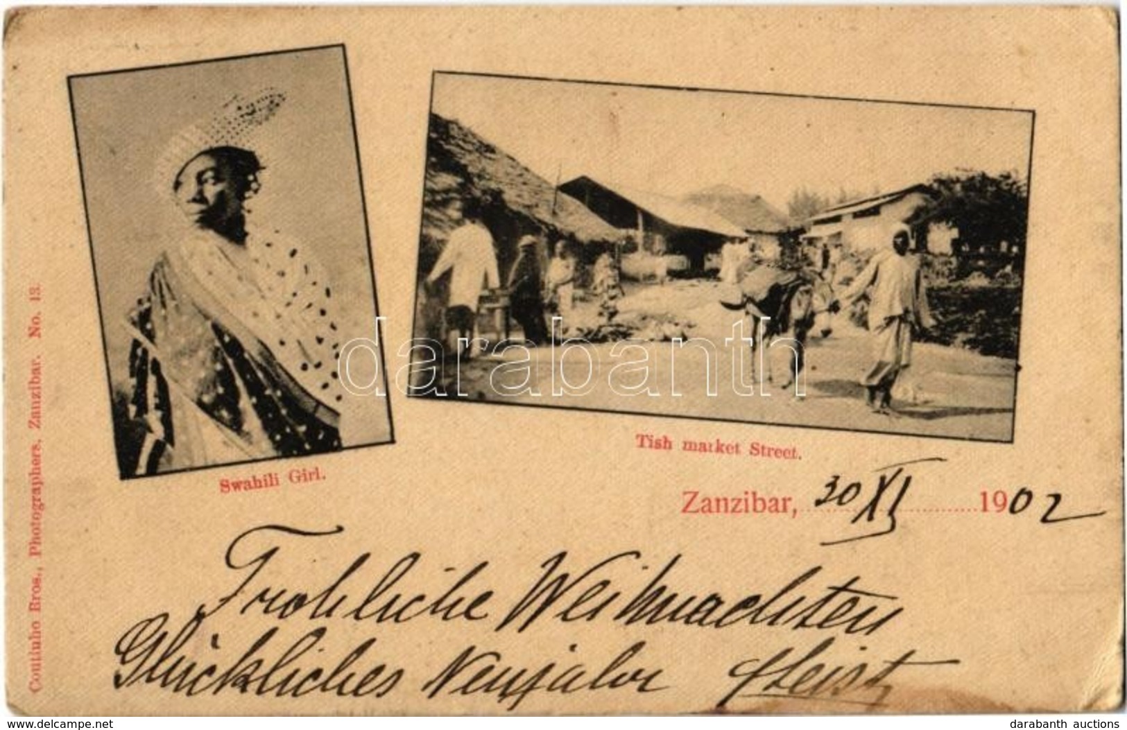 T2/T3 1902 Zanzibar, Swahili Girl, Fish Market Street, Vendors, Folklore. Coutinho Bros. Photographers No. 13. (EK) - Unclassified