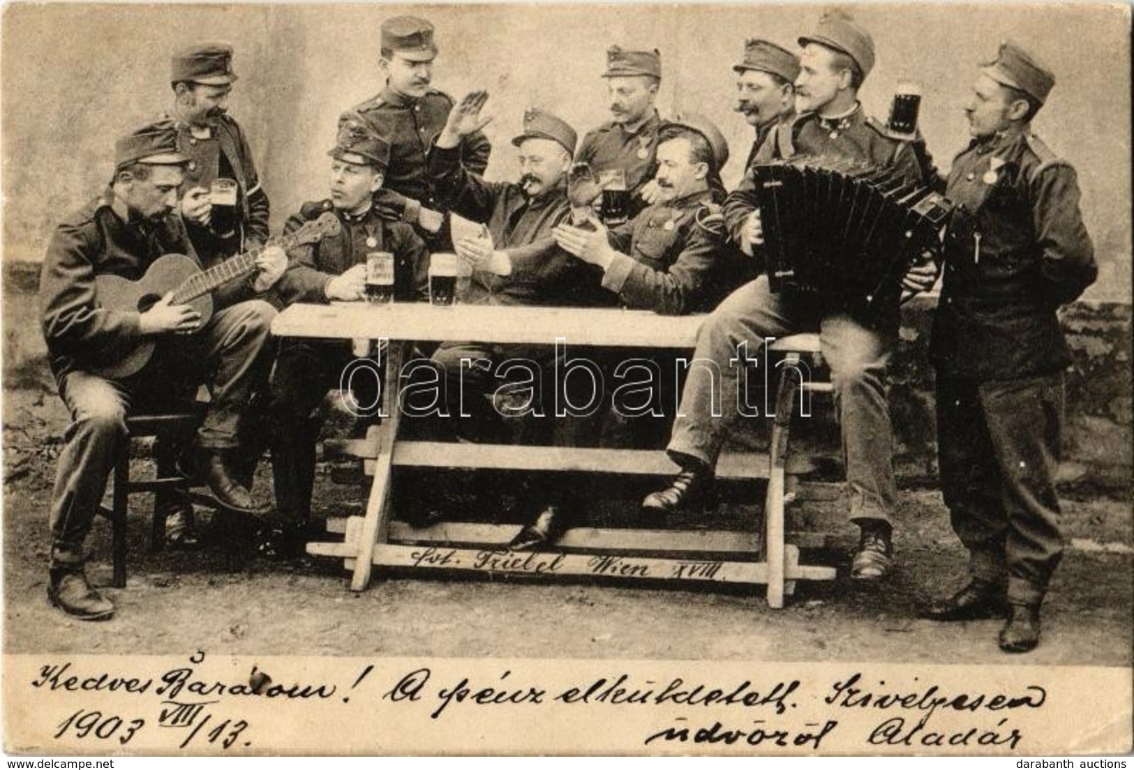 T2/T3 1903 Sört Ivó Katonák Gitárral és Harmonikával / Soldiers Drinking Beer, Playing The Guitar And The Accordion (EK) - Ohne Zuordnung