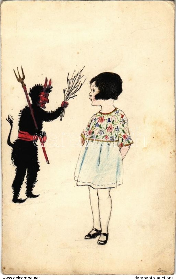 ** T4 Kézzel Rajzolt Krampusz és Kislány / Krampus With Girl. Hand-drawn Art Postcard S: Sz. E. (vágott / Cut) - Non Classés