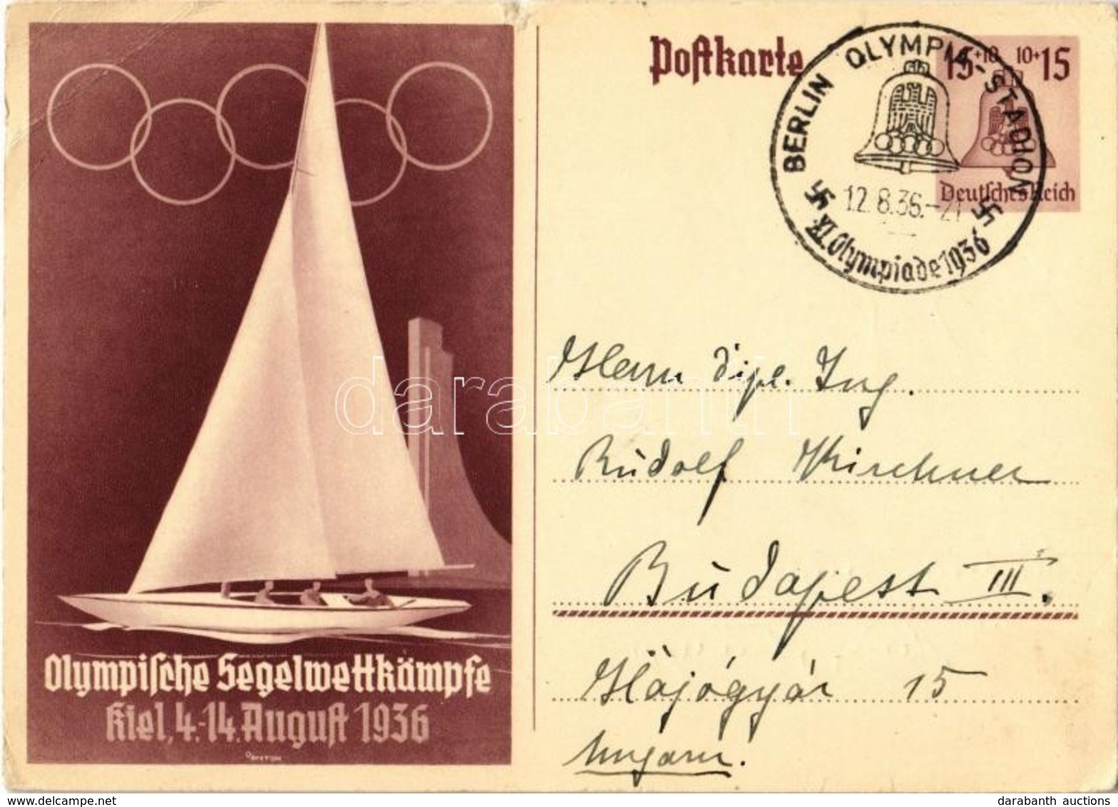 T3 1936 Olympische Segelwettkämpfe Kiel / 1936 Summer Olympics Advertisement Card, Sailing Competitions In Kiel, Swastik - Unclassified