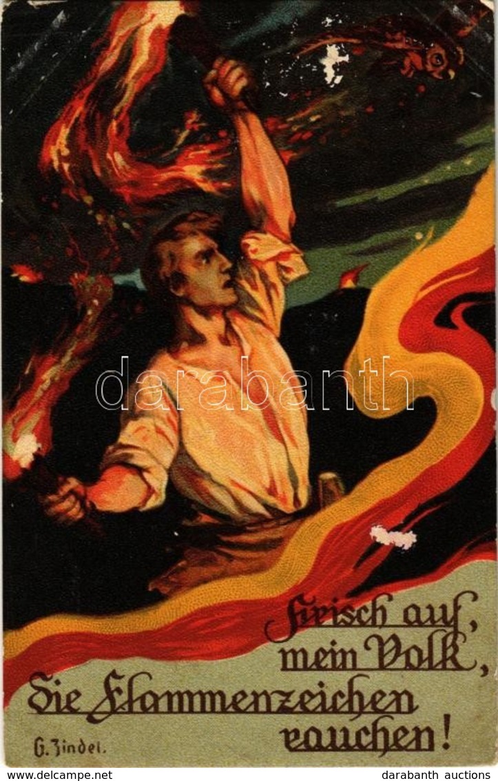 T2/T3 Frisch Auf, Mein Volk, Die Flammenzeichen Rauchen! / German Patriotic Military Propaganda Card, Litho (felületi Sé - Unclassified