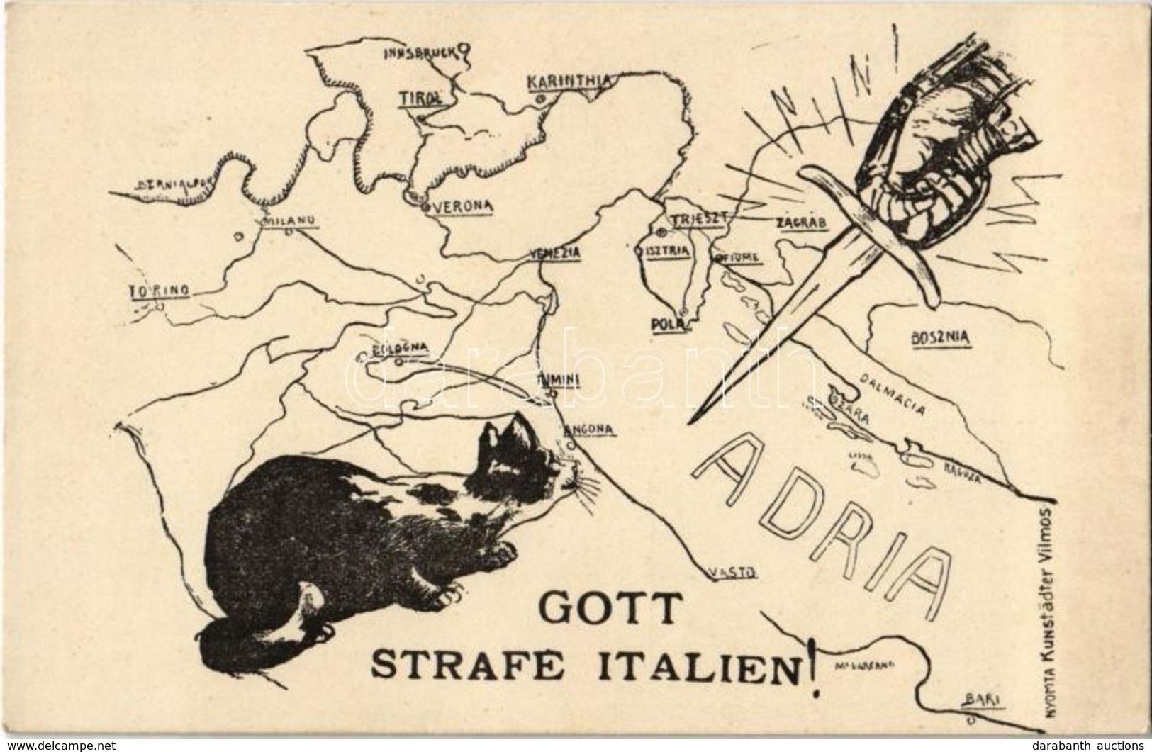 ** T2 Gott Strafe Italien! / Pusztuljon álnok Itália! Nyomta Kunstädter Vilmos / God Punishes Italy! WWI Anti-Italian Pr - Unclassified