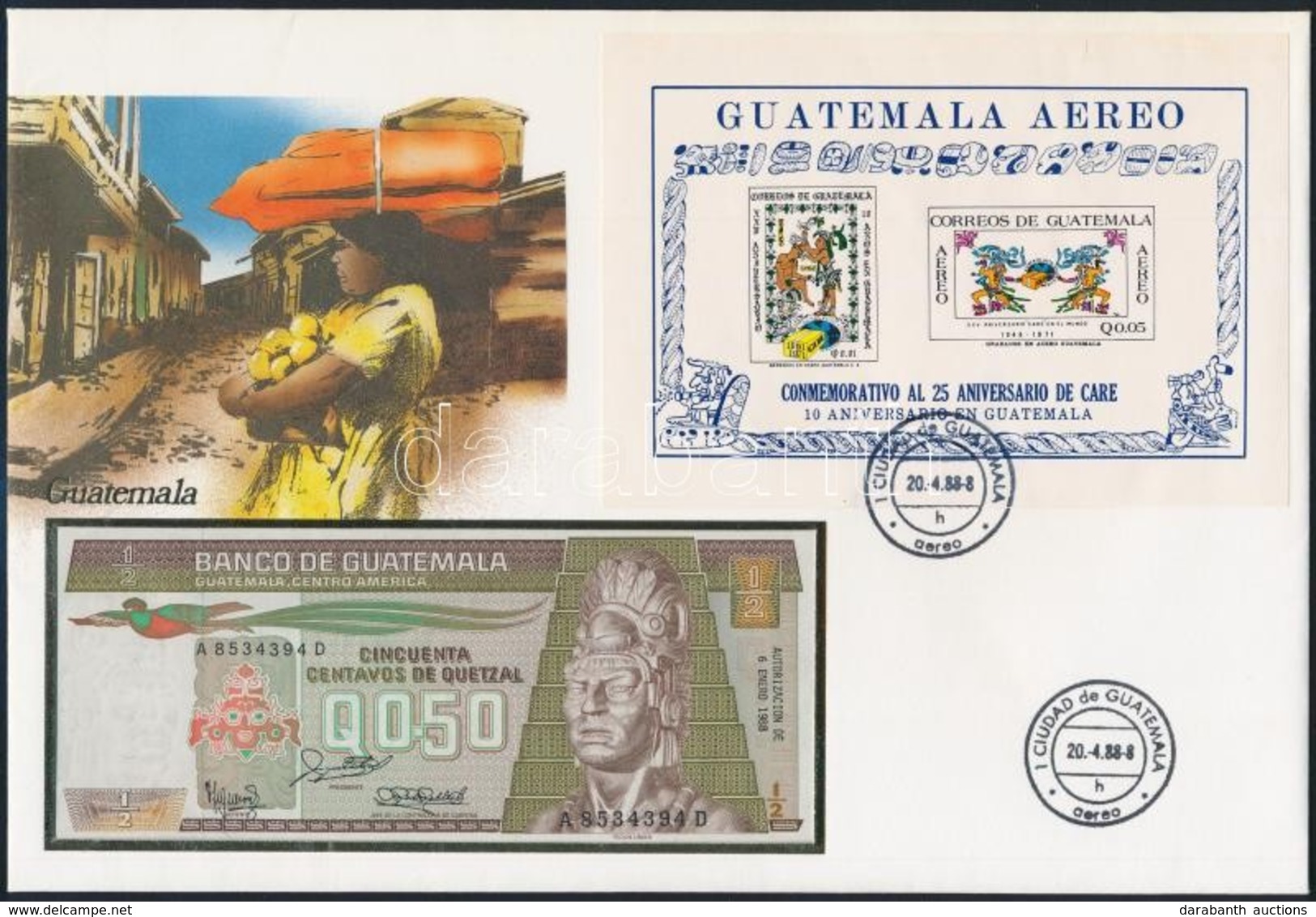 Guatemala 1988. 50c Borítékban, Alkalmi Bélyeggel és Bélyegzéssel T:I
Guatemala 1988. 50 Centavos Esucodos In Envelope W - Non Classés