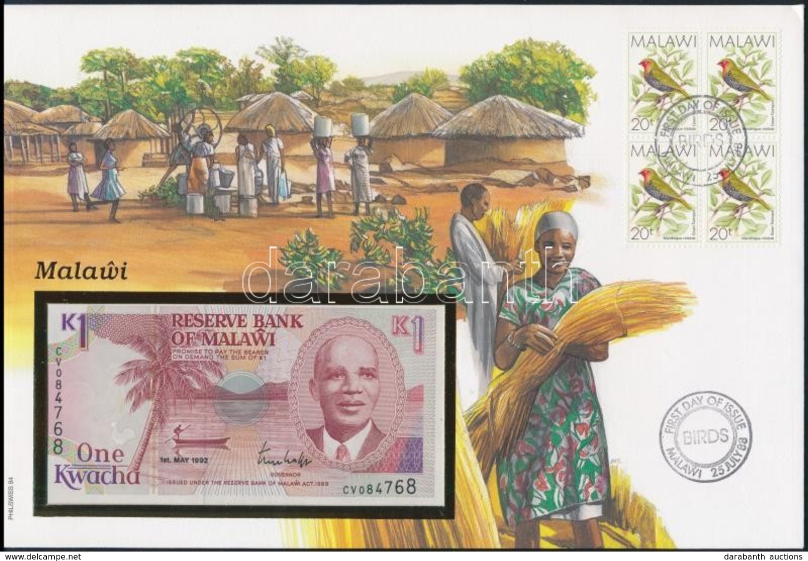 Malawi 1992. 1K Borítékban, Alkalmi Bélyeggel és Bélyegzéssel T:I
Malawi 1992. 1 Kwacha In Envelope With Stamps And Canc - Unclassified