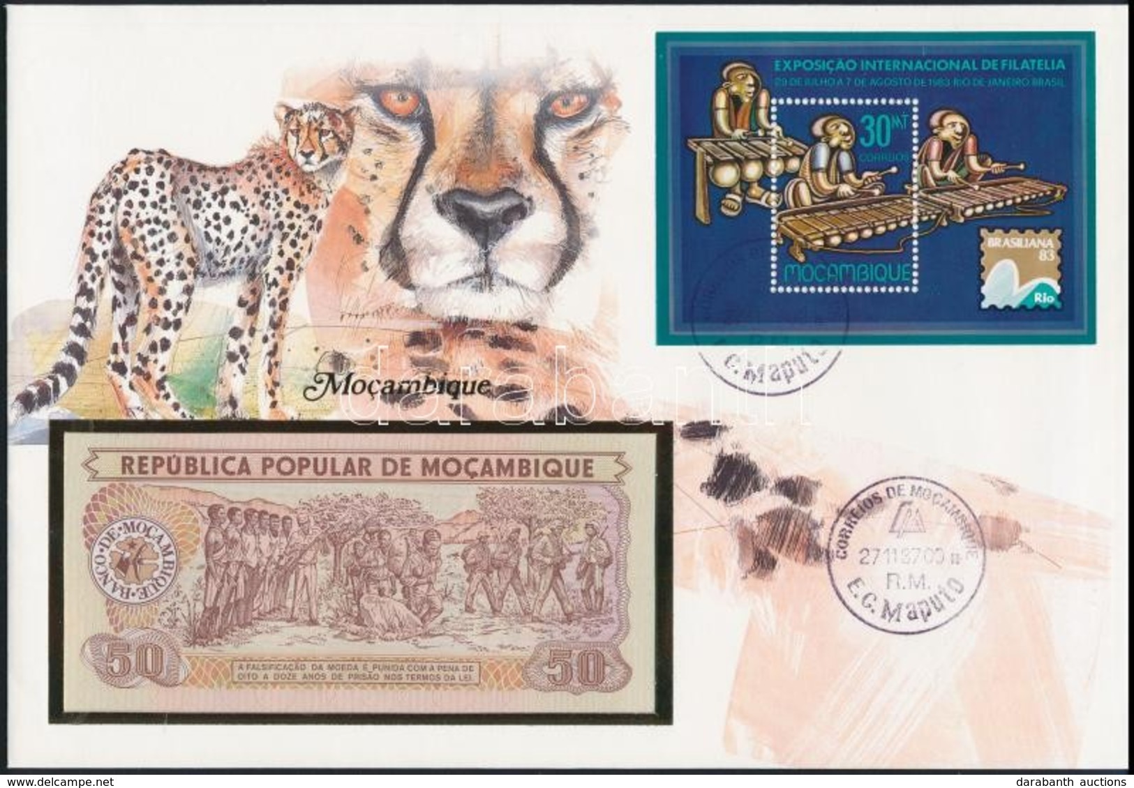 Mozambik 1983. 50M Borítékban, Alkalmi Bélyeggel és Bélyegzéssel T:I
Mozambique 1983. 50 Meticais In Envelope With Stamp - Unclassified