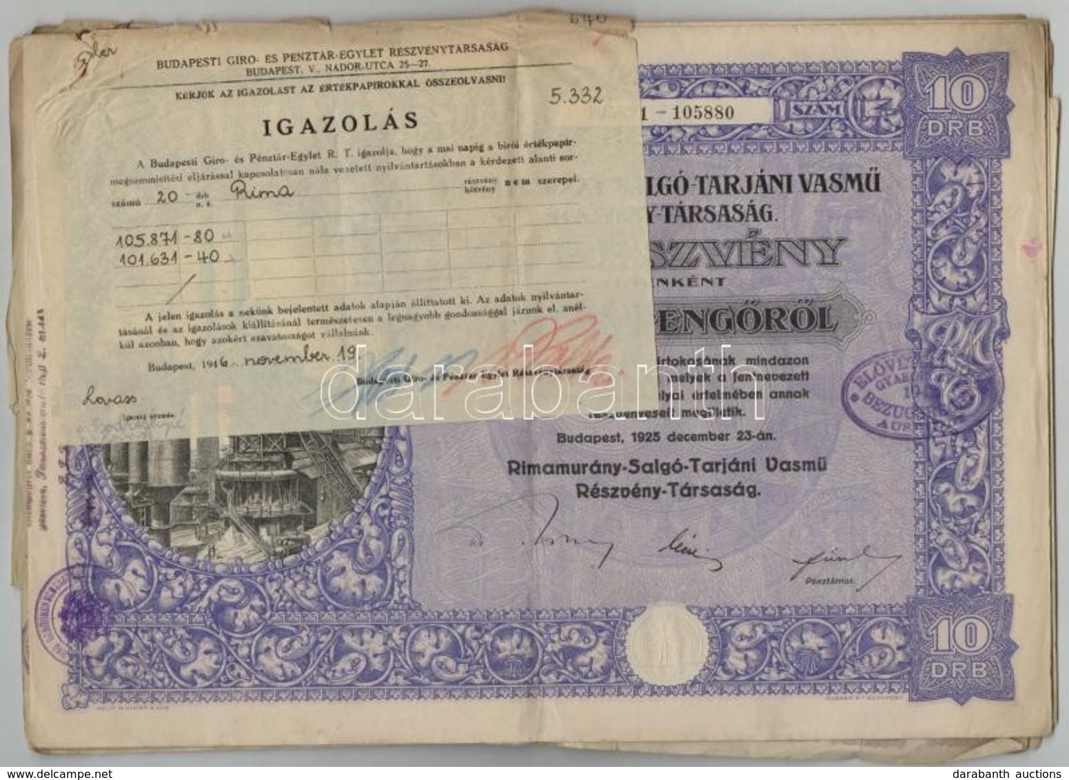 Budapest 1925. 'Rimamurány-Salgó-Tarjáni Vasmű Részvény-Társaság' Tíz Részvénye Egyenként 50P-ről, összesen 500P-ről (4x - Unclassified