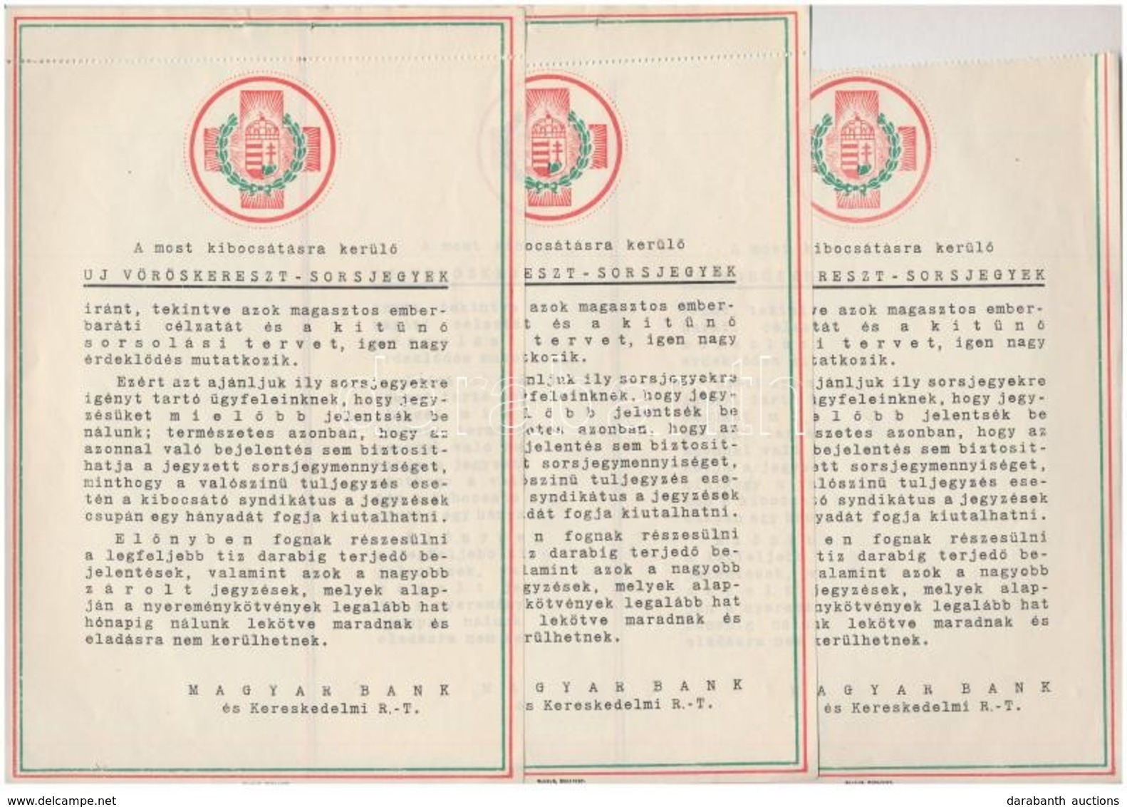 ~1930. A Magyar Bank és Kereskedelmi R.T. Tájékoztatója Az 'Új Vöröskereszt-Sorsjegyek' Jegyzésével Kapcsolatban (3x) T: - Zonder Classificatie