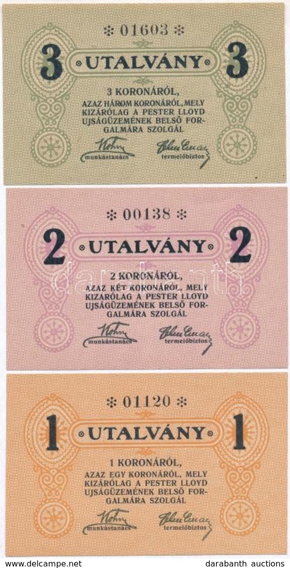 Budapest ~1920. 1K + 2K + 3K 'Pester Lloyd' Utalvány Hátoldali Bélyegző Nélkül T:I
Hungary / Budapest ~1920. 1 Korona +  - Sin Clasificación