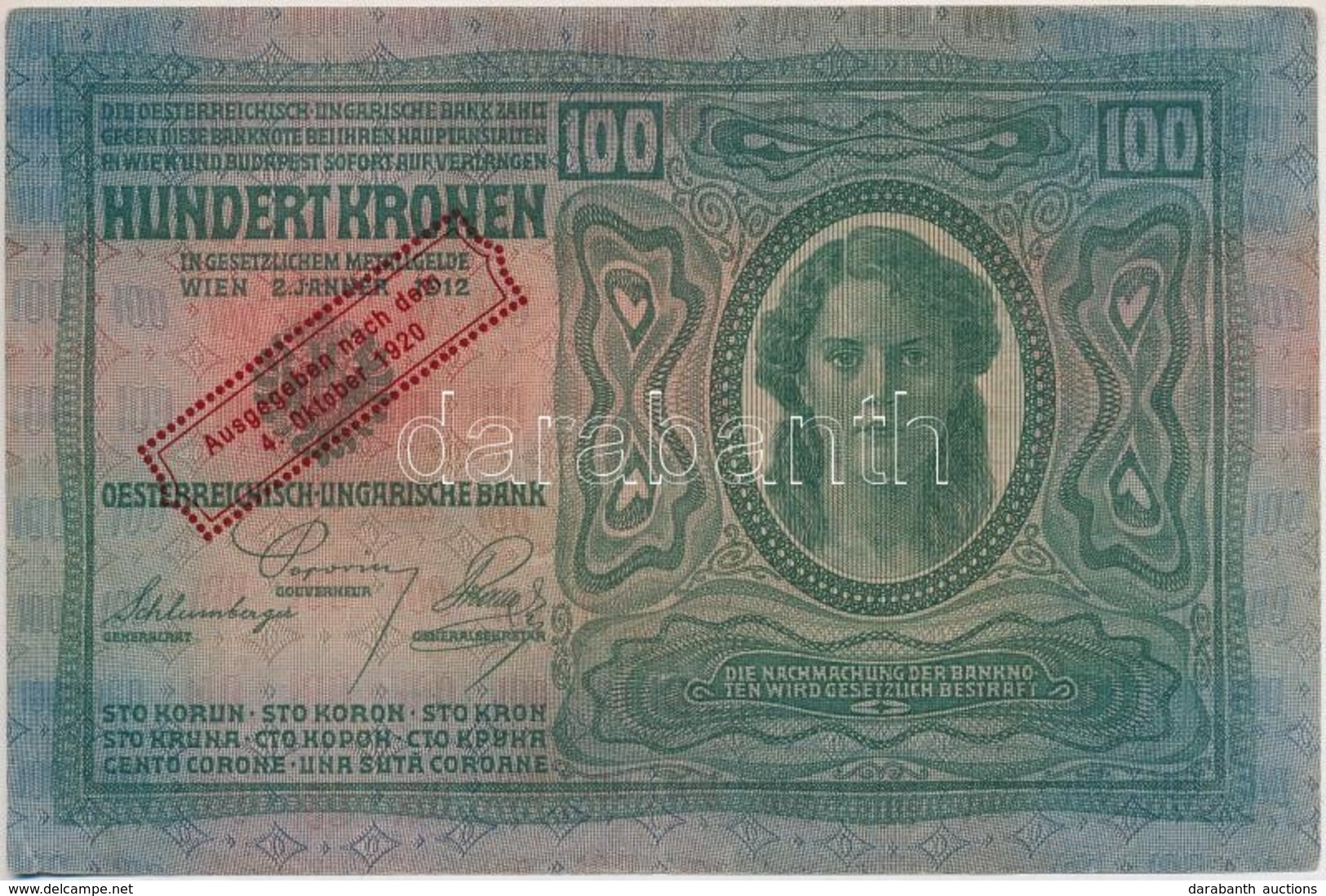 1912. 100K Hamis  'Ausgegeben Nach Dem 4. Oktober 1920' Felülbélyegzéssel (fake Overprint) T:III Szép Papír - Non Classés