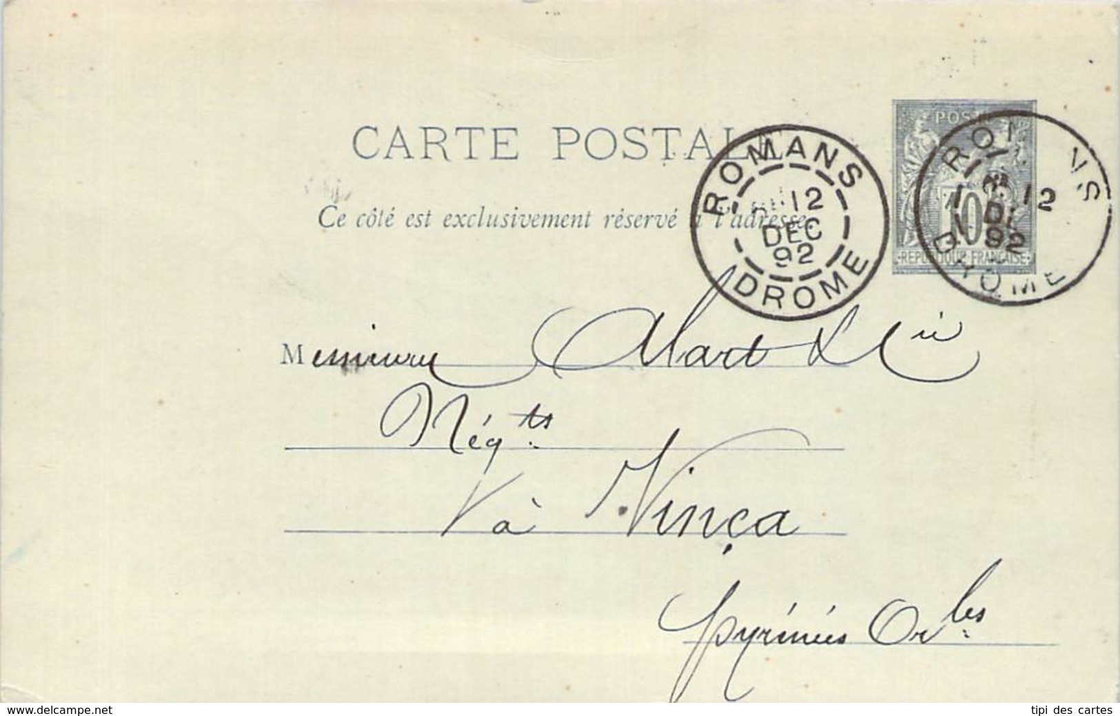 Entier Postal - Sage 10c Oblit. Cad Romans 1892 - 1877-1920: Période Semi Moderne