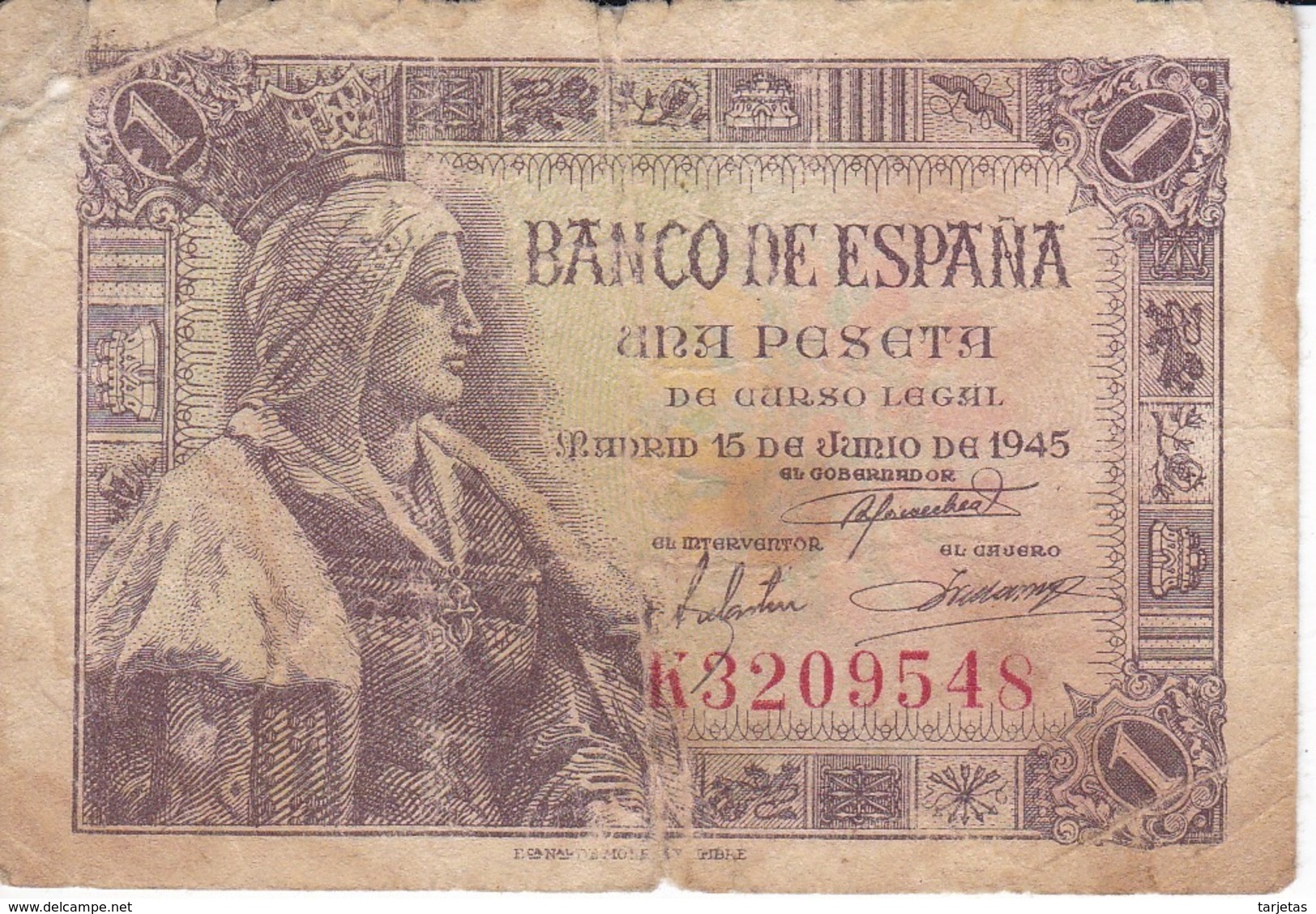 BILLETE DE ESPAÑA DE 1 PTA DEL 15/06/1945 ISABEL LA CATÓLICA SERIE K (BANKNOTE) - 1-2 Pesetas