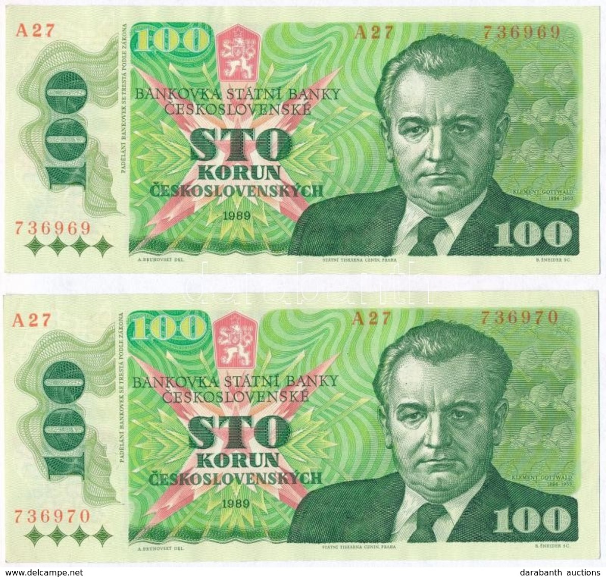 Csehszlovákia 1989. 100K (2x) Sorszámkövetők T:I
Czechoslovakia 1989. 100 Korun (2x) Sequential Serials C:UNC - Unclassified