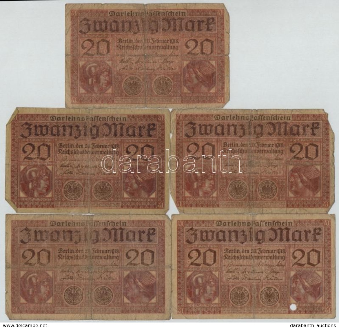 Német Birodalom 1918. 20M (5x) T:III-,IV 
German Empire 1918. 20 Mark (5x) C:VG,G - Ohne Zuordnung