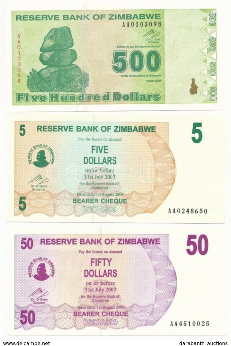 Zimbabwe 2006. 5D + 10D + 2009. 500D T:I
Zimbabwe 2006. 5 Dollars + 10 Dollars + 2009. 500 Dollars C:UNC - Zonder Classificatie