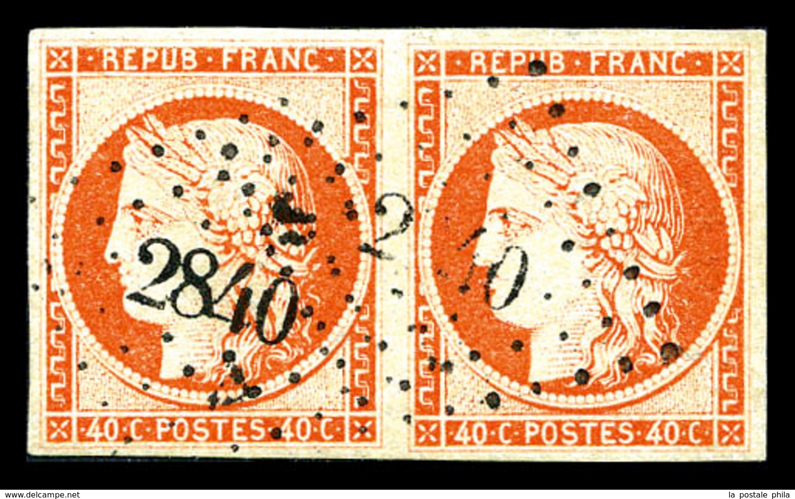 O N°5, 40c Orange En Paire Obl PC '2840', TB (certificat)  Qualité: O  Cote: 1200 Euros - 1849-1850 Ceres