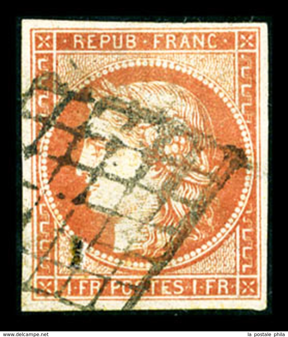 O N°7, 1F Vermillon Oblitéré Grille, Restauré, Belle Présentation (signé Brun/certificat)  Qualité: O  Cote: 21000 Euros - 1849-1850 Ceres