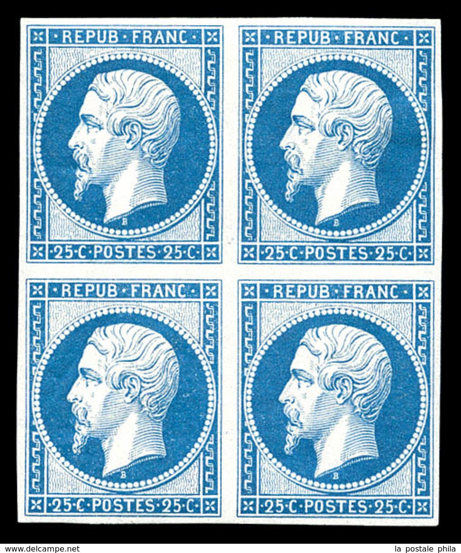 ** N°10c, 25c Bleu, Impression De 1862 En Bloc De Quatre (2ex*), Fraîcheur Postale. SUP (certificat)  Qualité: ** - 1852 Louis-Napoleon