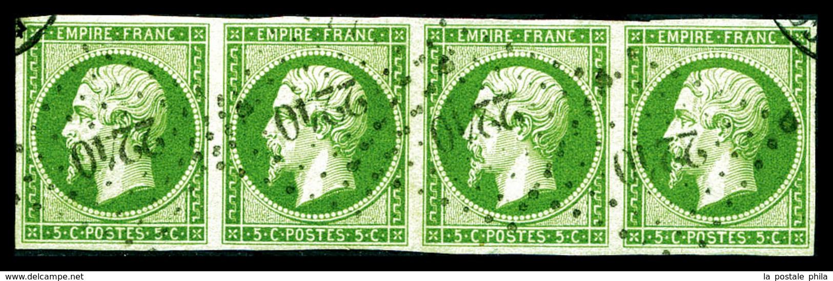 O N°12b, 5c Vertfoncé, Bande De Quatre Obl Pc '2210'. TTB (signé Scheller/certificat)  Qualité: O  Cote: 1850 Euros - 1853-1860 Napoléon III