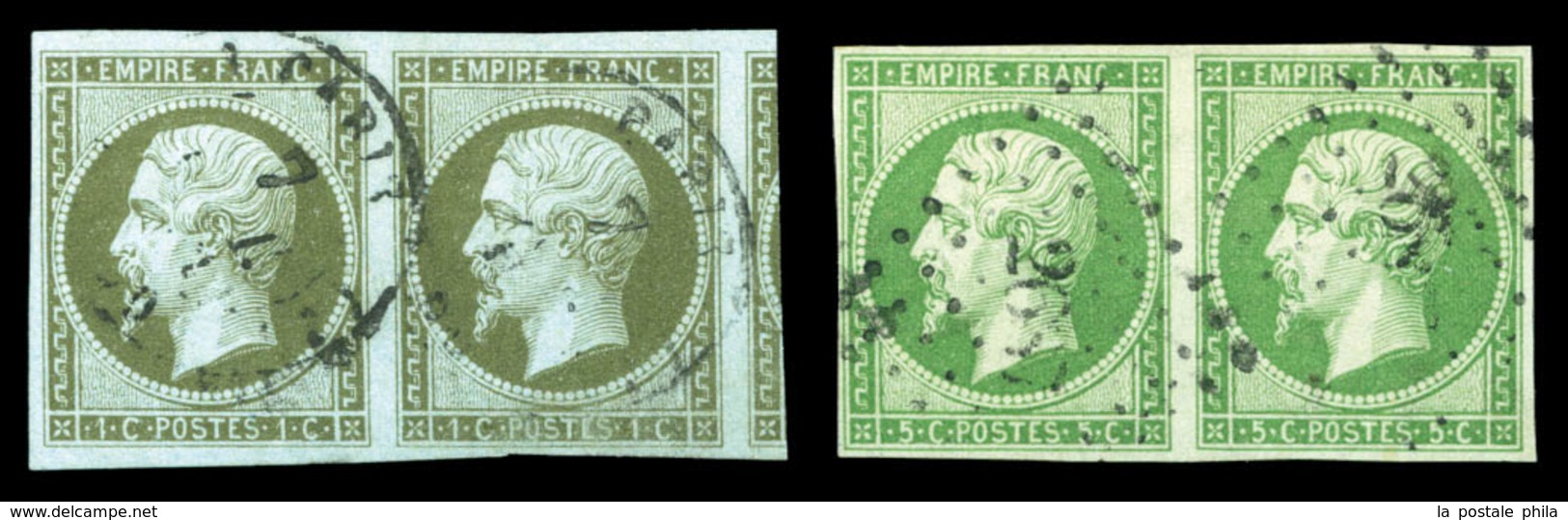 O Empire, 1c Olive Et 5c Vert: 2 Paires TTB (signées Brun)  Qualité: O  Cote: 450 Euros - 1853-1860 Napoléon III