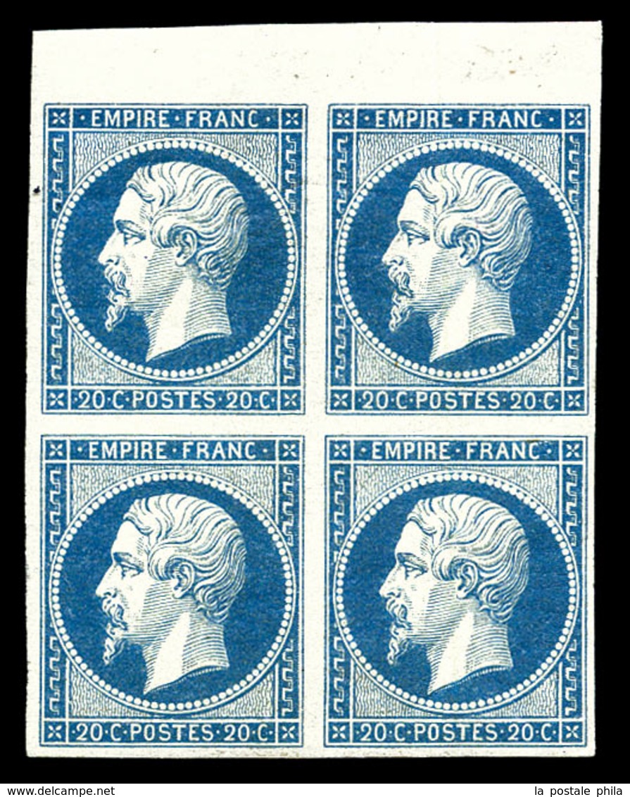 ** N°14A, 20c Bleu Type I En Bloc De Quatre Bdf Supérieur. TTB (signé Margues/certificat)  Qualité: ** - 1853-1860 Napoléon III