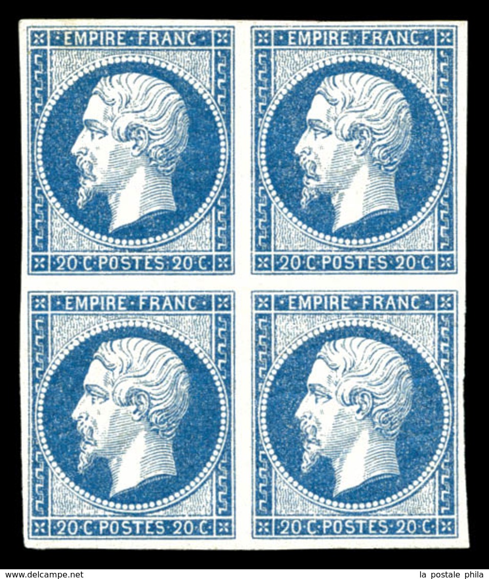 ** N°14A, 20c Bleu Laiteux Type I En Bloc De Quatre (2 T*), Fraîcheur Postale, SUP (signé/certificat)  Qualité: ** - 1853-1860 Napoléon III