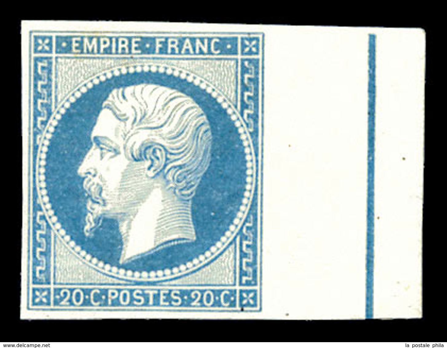 * N°14Ai, 20c Bleu Laiteux Type I, Bord De Feuille Avec Filet D'encadrement. SUP (certificat)  Qualité: *  Cote: 1000 Eu - 1853-1860 Napoleone III