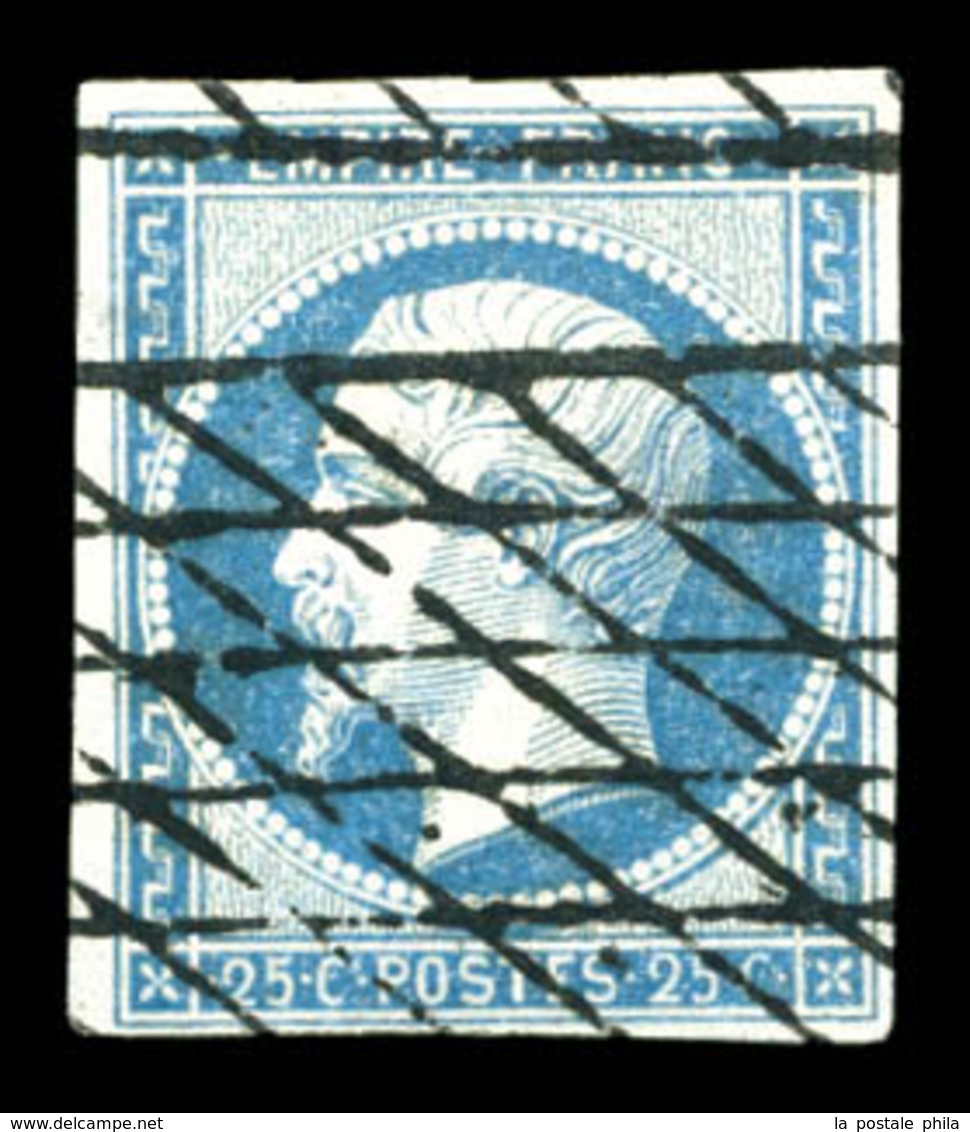 O N°15, 25c Bleu Obl Grille Sans Fin. TTB (signé Brun/certificat)  Qualité: O  Cote: 300 Euros - 1853-1860 Napoléon III