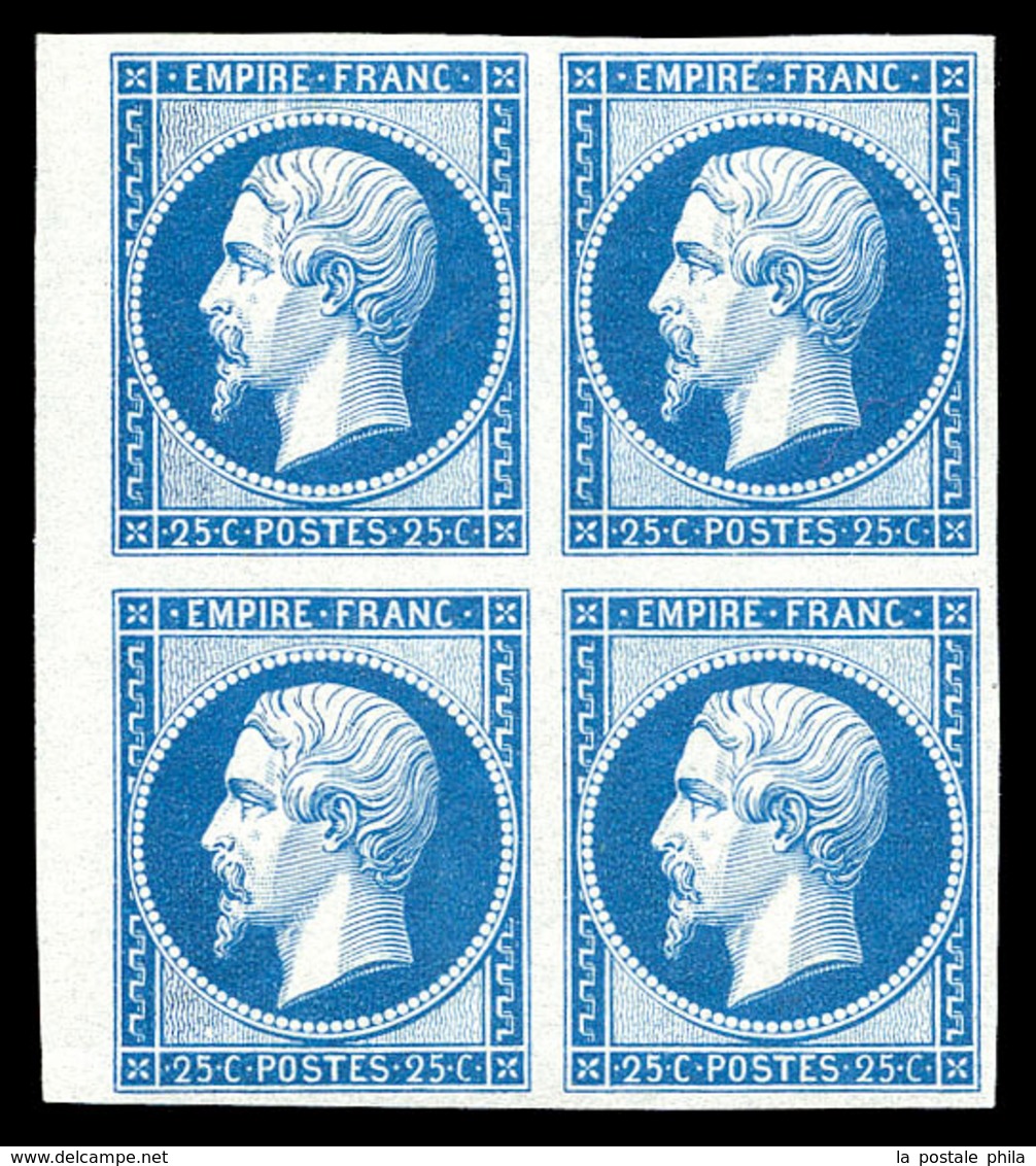 ** N°15c, 25c Bleu, Impression De 1862 En Bloc De Quatre (1ex*) Bord De Feuille, FRAICHEUR POSTALE. SUPERBE (certificat) - 1853-1860 Napoléon III